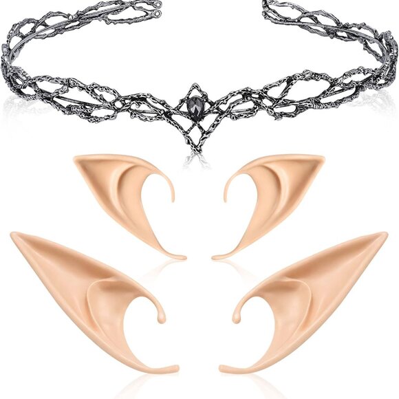 Accessories - Elf Ears with Crown Set, Soft Fairy Ears and Crystal Crown Headband for Women Ha